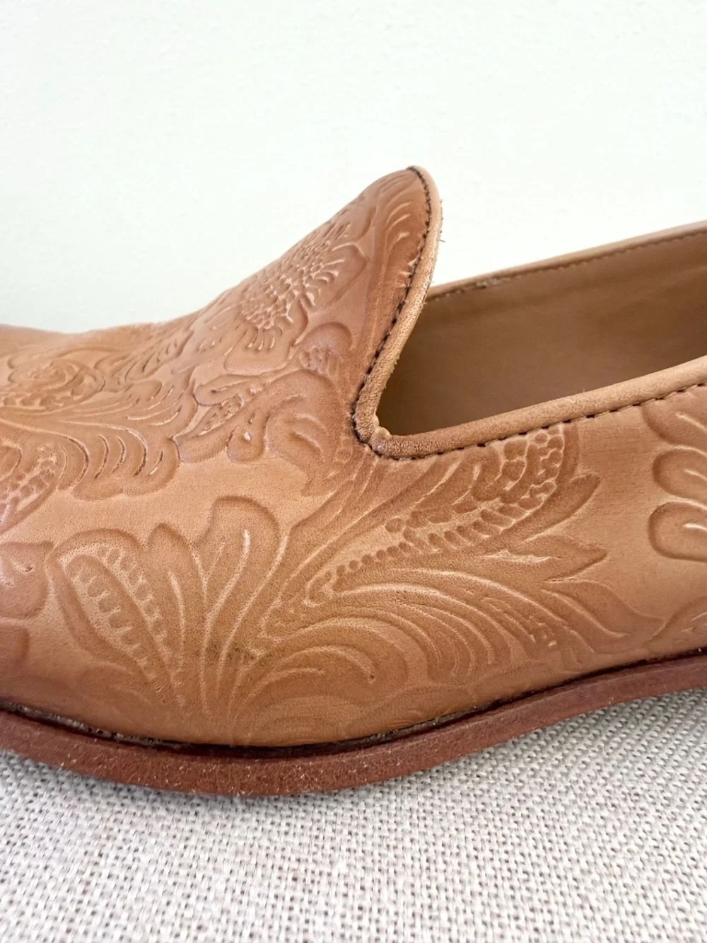 TAFT Mens Embossed Floral Leather Loafers Cognac Tan Handmade Spain EU 40.5